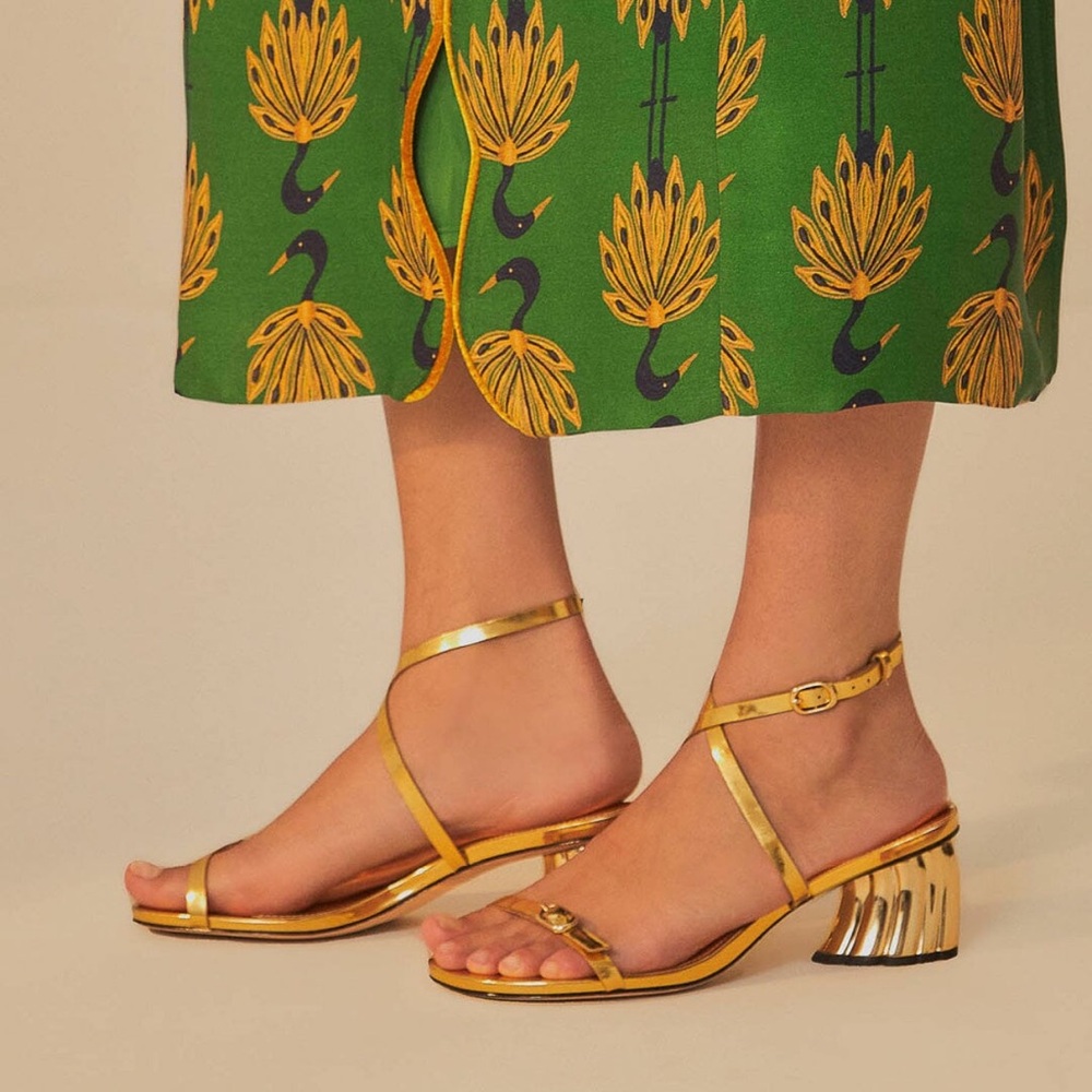 Farm Rio Monstera Heels in Gold Metallic | 8 (38) NWOB